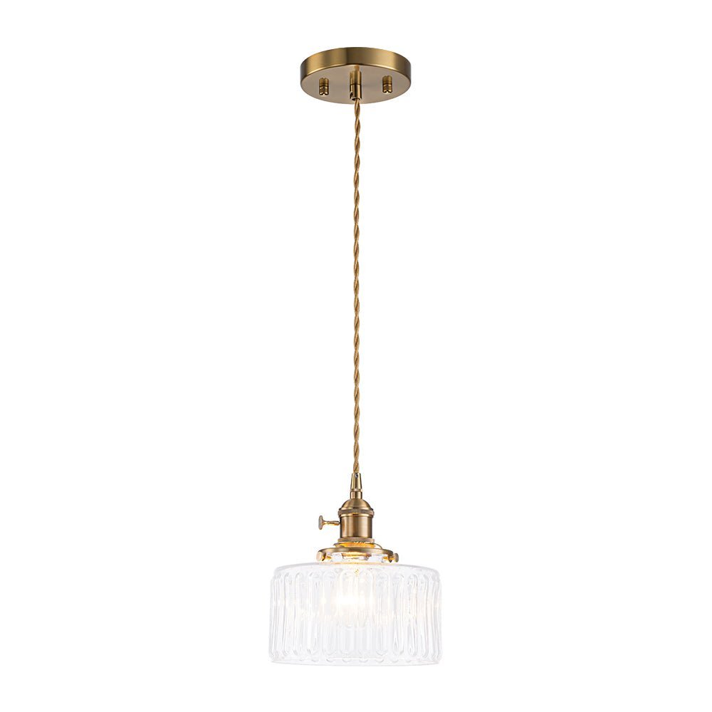 LightfixturesUAE-1-Light Vintage Ribbed Glass Brushed Brass Drum Pendant Light-Pendant Lights-Transparent-