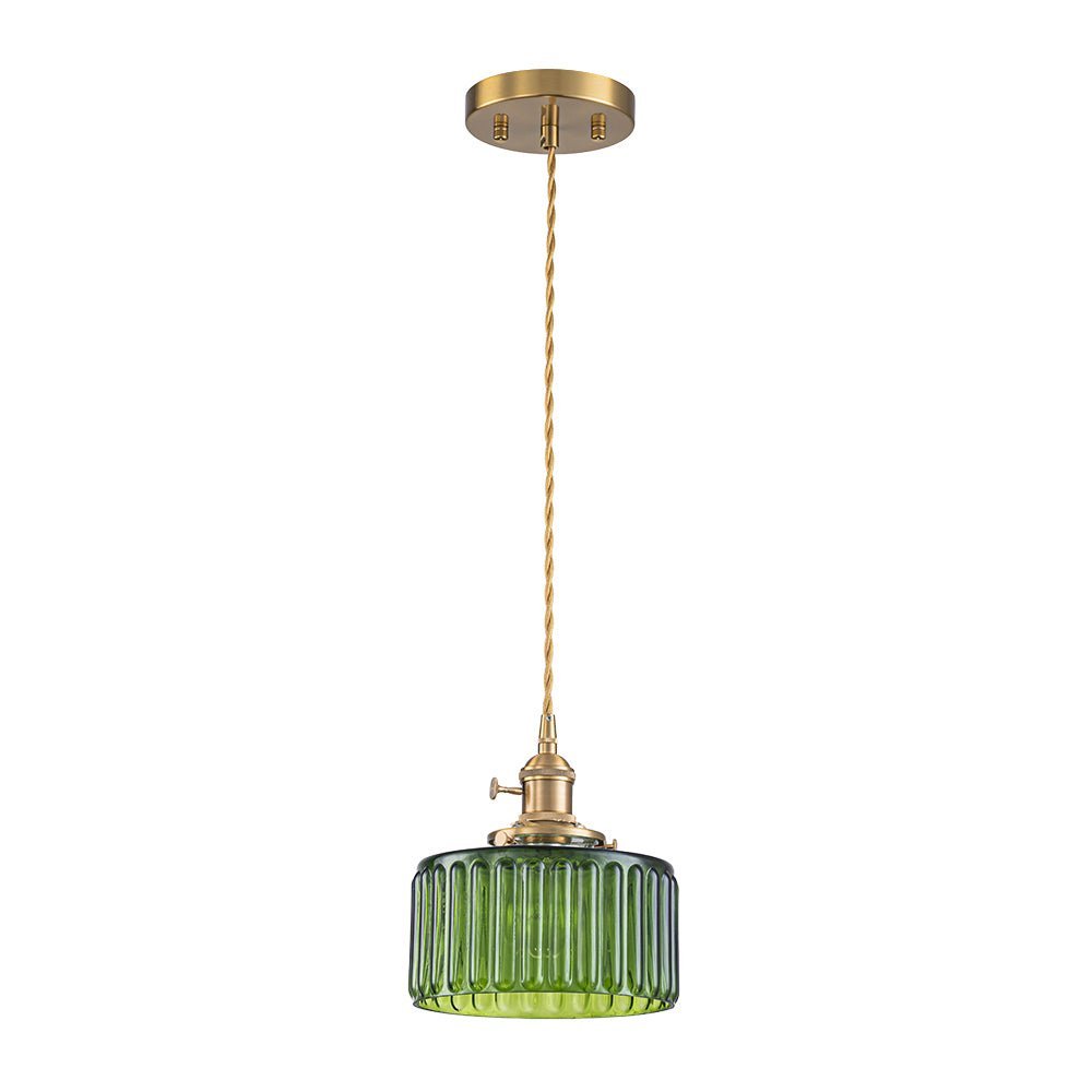 LightfixturesUAE-1-Light Vintage Ribbed Glass Brushed Brass Drum Pendant Light-Pendant Lights-Transparent-