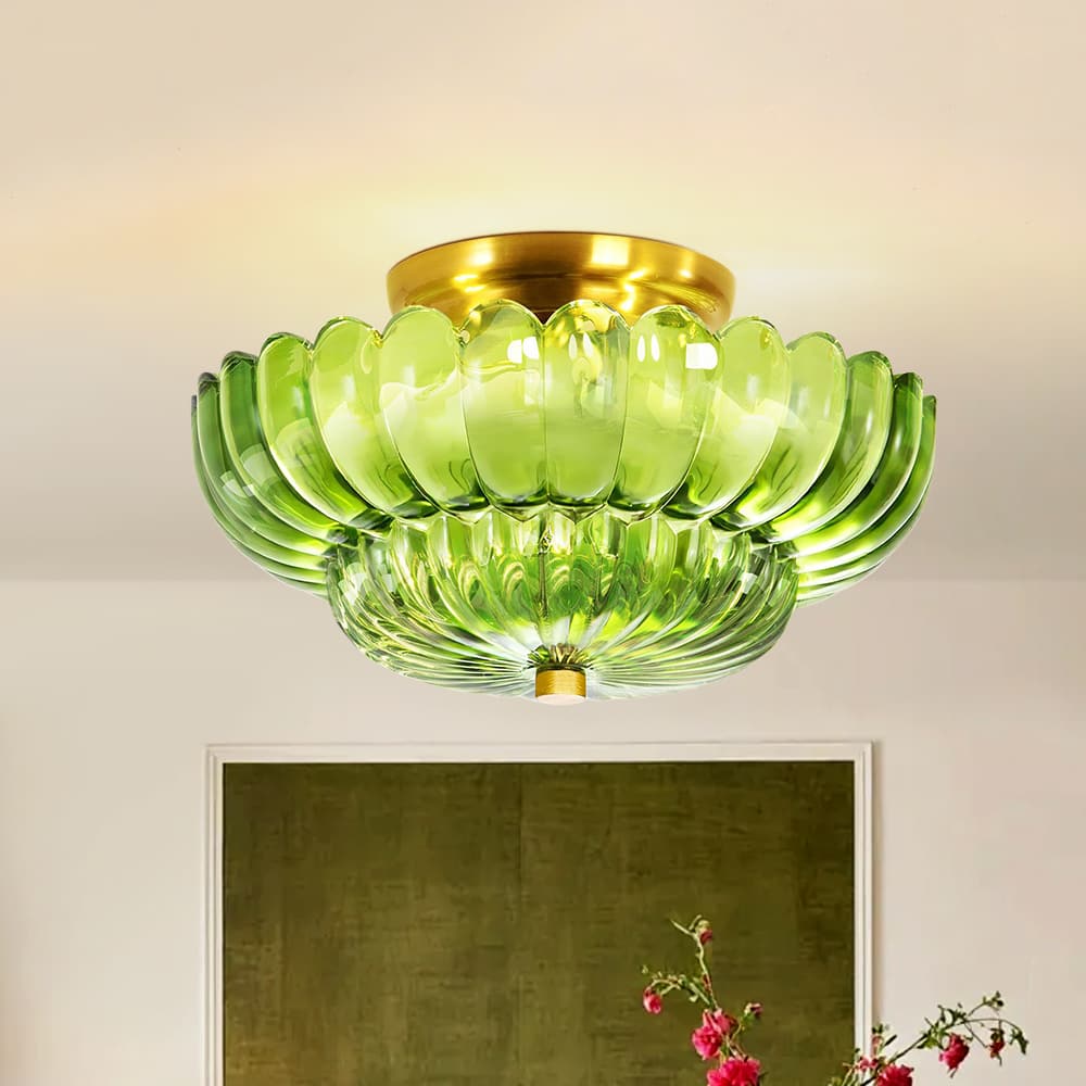 LightfixturesUAE-1-Light Vintage Romantic Retro Petal Glass Tiered Flush Mount Ceiling Light-Ceiling Lights-Green-