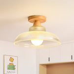 LightfixturesUAE-1-Light Vintage Wooden Ribbed Glass Dome-Shaped Semi-Flush Ceiling Light-Ceiling Lights-Wooden-
