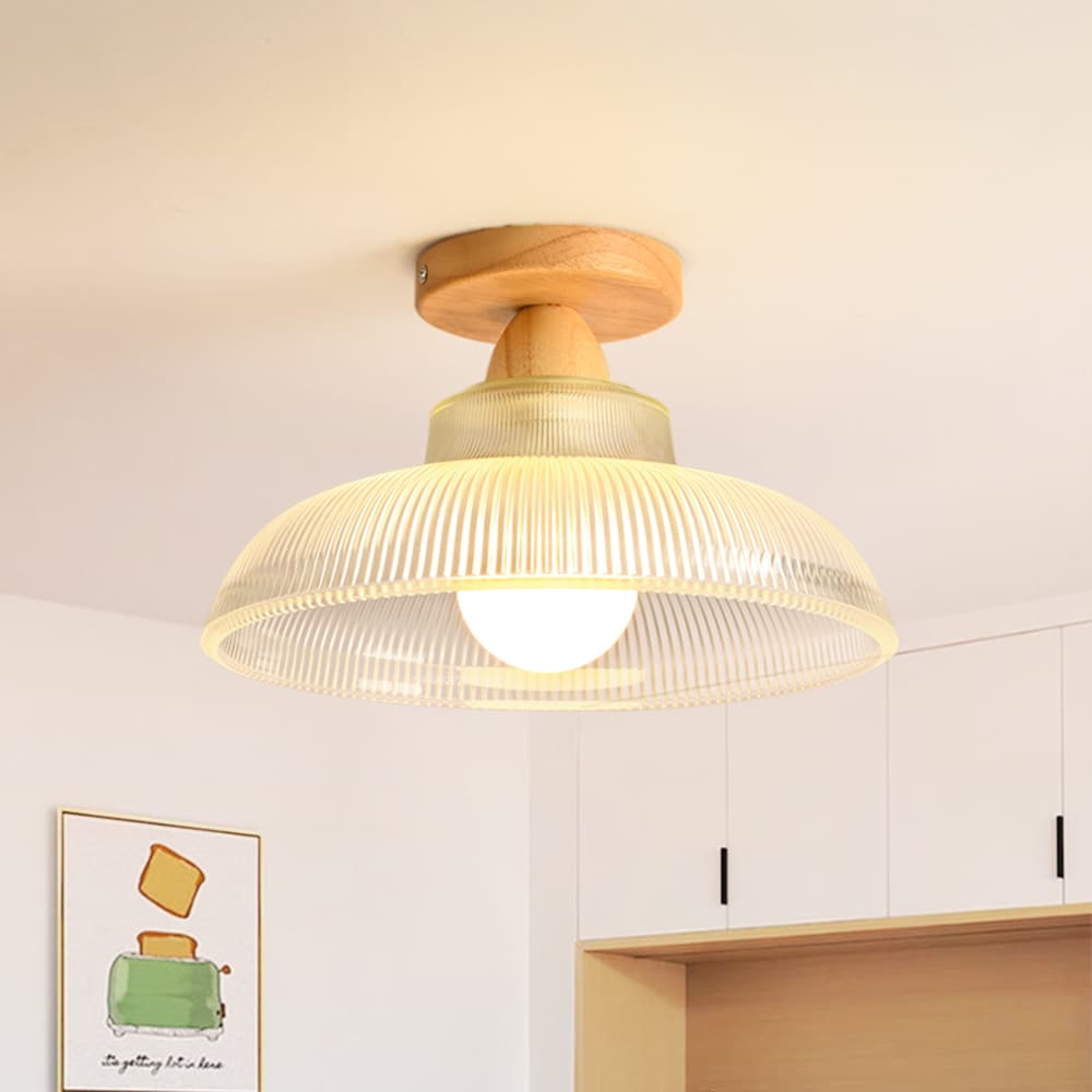 LightfixturesUAE-1-Light Vintage Wooden Ribbed Glass Dome-Shaped Semi-Flush Ceiling Light-Ceiling Lights-Wooden-