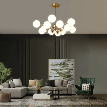 LightfixturesUAE-12-Light Mid-Century Modern 2-Tiered Bubble Glass Globe Sputnik Chandelier-Chandeliers-Brass-Frosted Globe