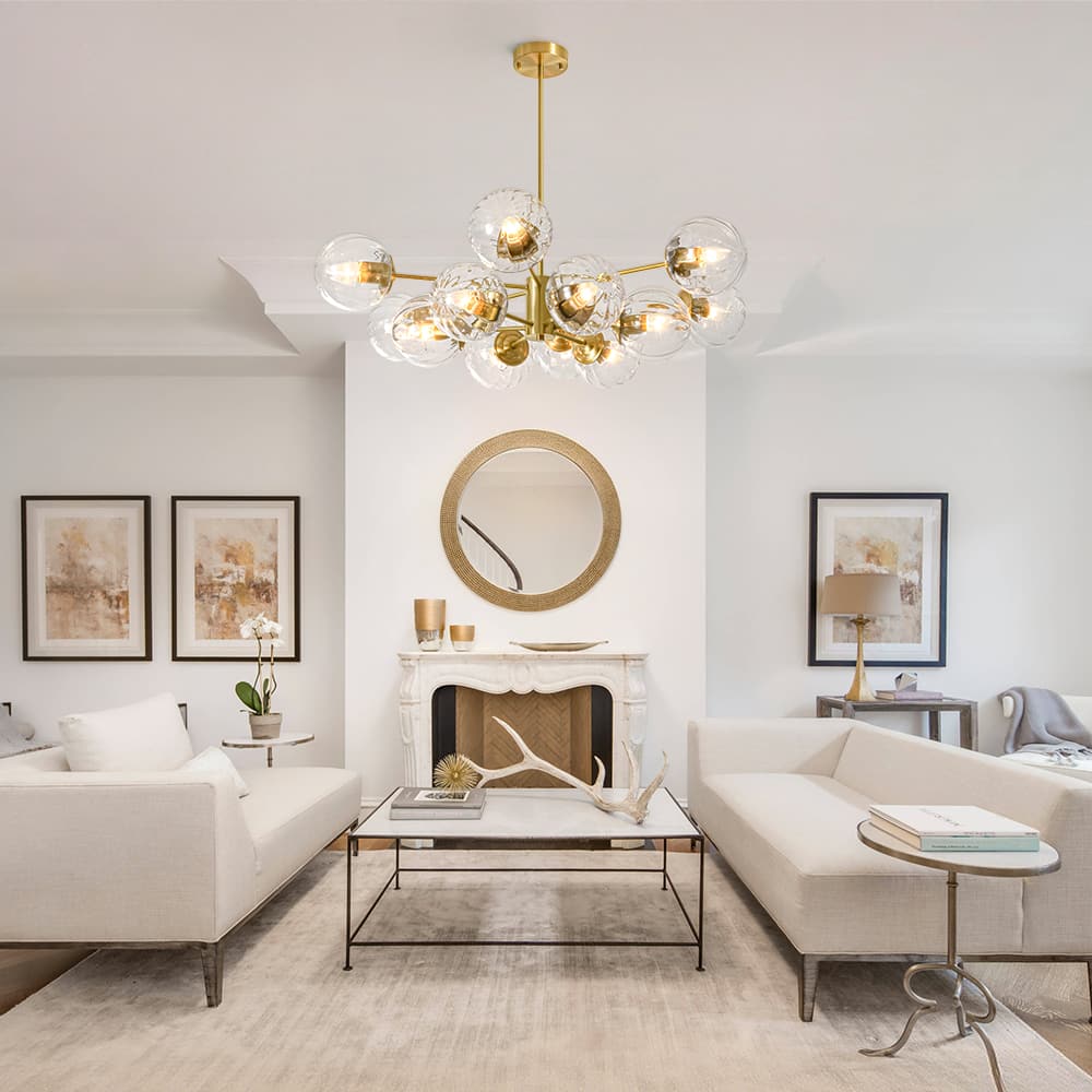 LightfixturesUAE-12-Light Mid-Century Modern 2-Tiered Bubble Glass Globe Sputnik Chandelier-Chandeliers-Brass-Ribbed Globe