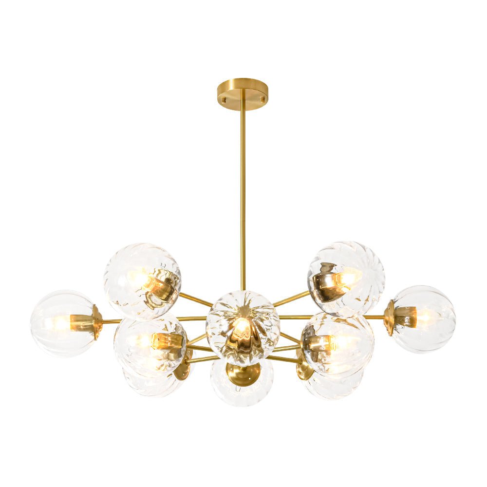 LightfixturesUAE-12-Light Mid-Century Modern 2-Tiered Bubble Glass Globe Sputnik Chandelier-Chandeliers-Brass-Ribbed Globe
