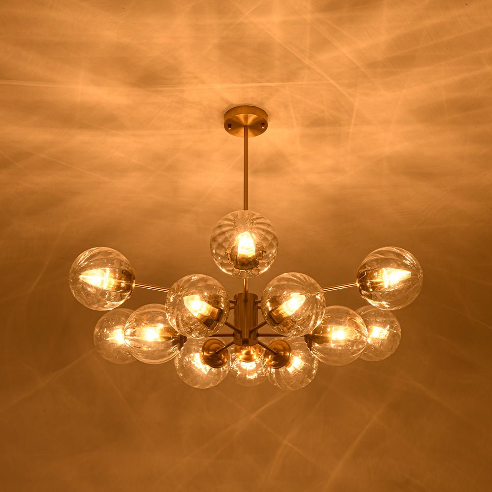 LightfixturesUAE-12-Light Mid-Century Modern 2-Tiered Bubble Glass Globe Sputnik Chandelier-Chandeliers-Brass-Ribbed Globe