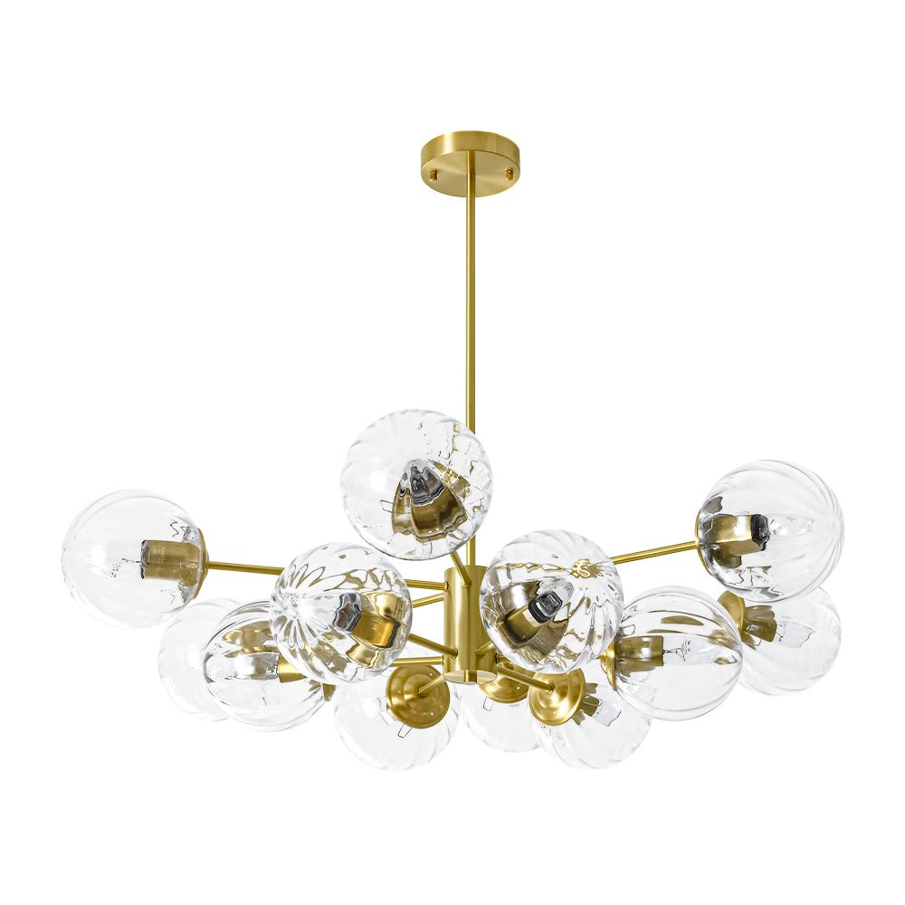 LightfixturesUAE-12-Light Mid-Century Modern 2-Tiered Bubble Glass Globe Sputnik Chandelier-Chandeliers-Brass-Ribbed Globe