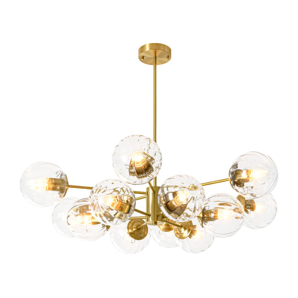 LightfixturesUAE-12-Light Mid-Century Modern 2-Tiered Bubble Glass Globe Sputnik Chandelier-Chandeliers-Brass-Ribbed Globe