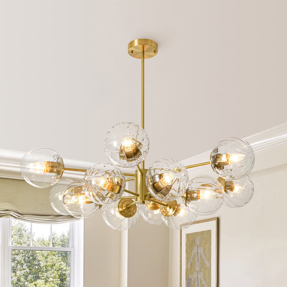 LightfixturesUAE-12-Light Mid-Century Modern 2-Tiered Bubble Glass Globe Sputnik Chandelier-Chandeliers-Brass-Ribbed Globe