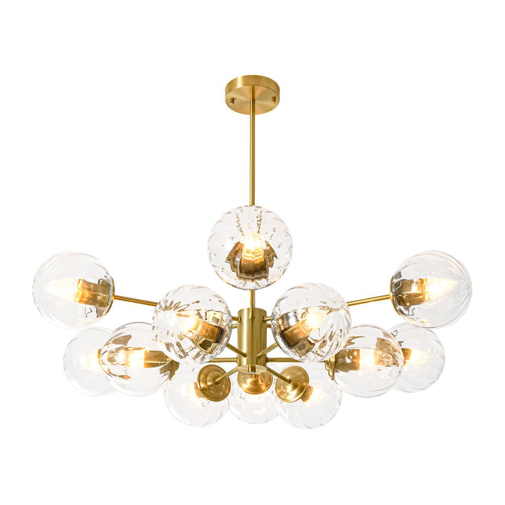 LightfixturesUAE-12-Light Mid-Century Modern 2-Tiered Bubble Glass Globe Sputnik Chandelier-Chandeliers-Brass-Ribbed Globe