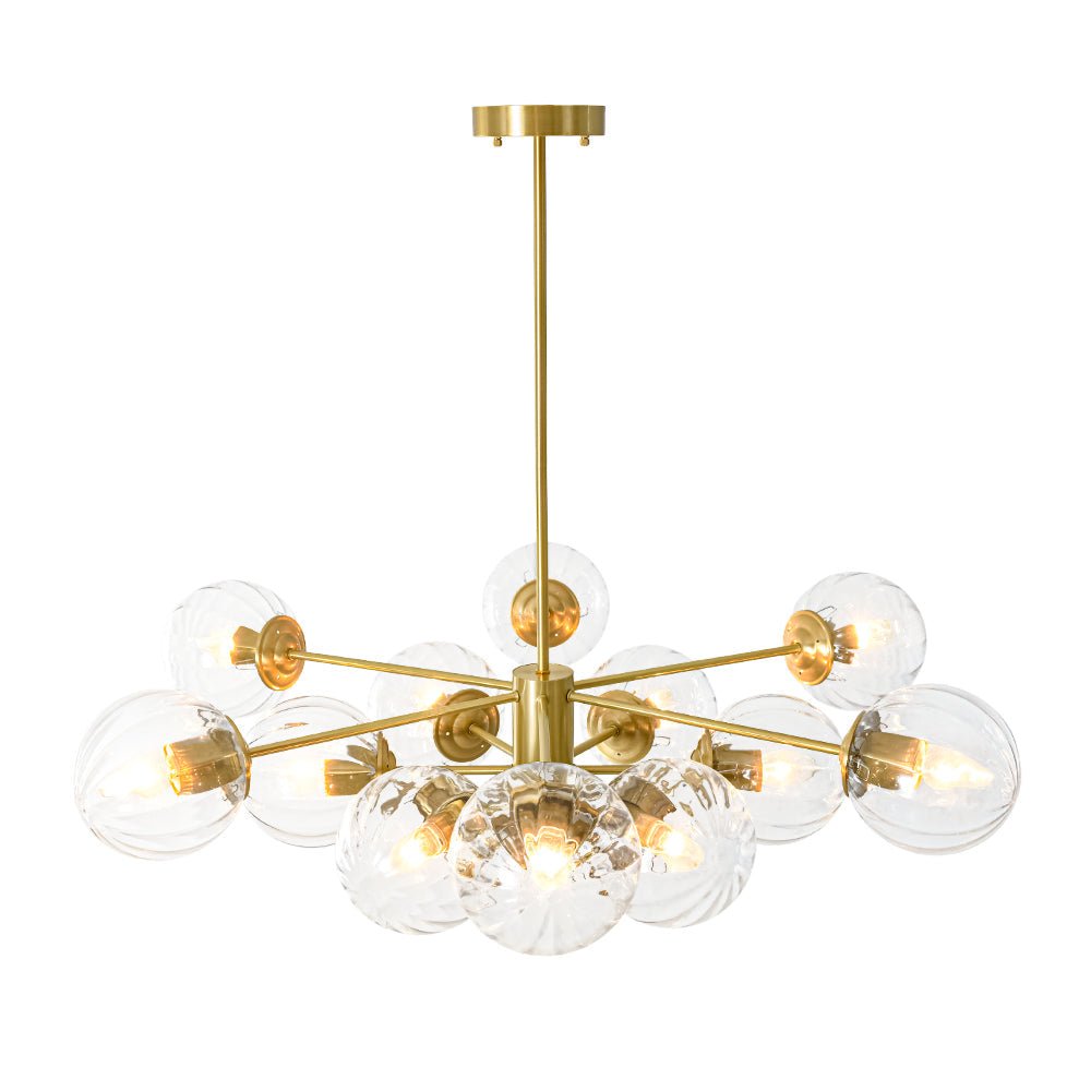 LightfixturesUAE-12-Light Mid-Century Modern 2-Tiered Bubble Glass Globe Sputnik Chandelier-Chandeliers-Brass-Ribbed Globe