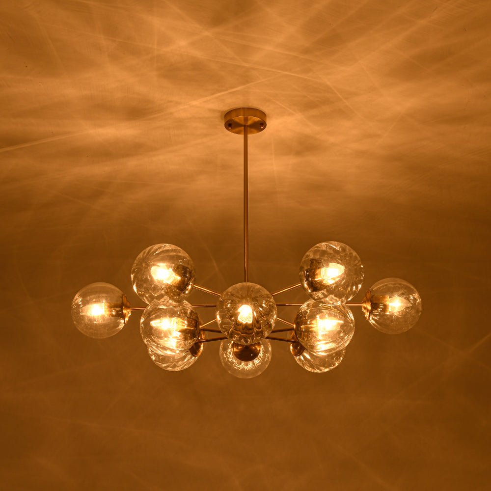 LightfixturesUAE-12-Light Mid-Century Modern 2-Tiered Bubble Glass Globe Sputnik Chandelier-Chandeliers-Brass-Ribbed Globe