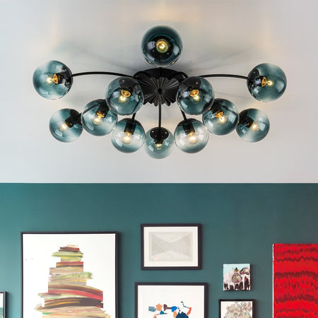 LightfixturesUAE-12-Light Modern Opal Glass Globe Sputnik Semi Flush Mount-Chandeliers-12-Light-Black Finish
