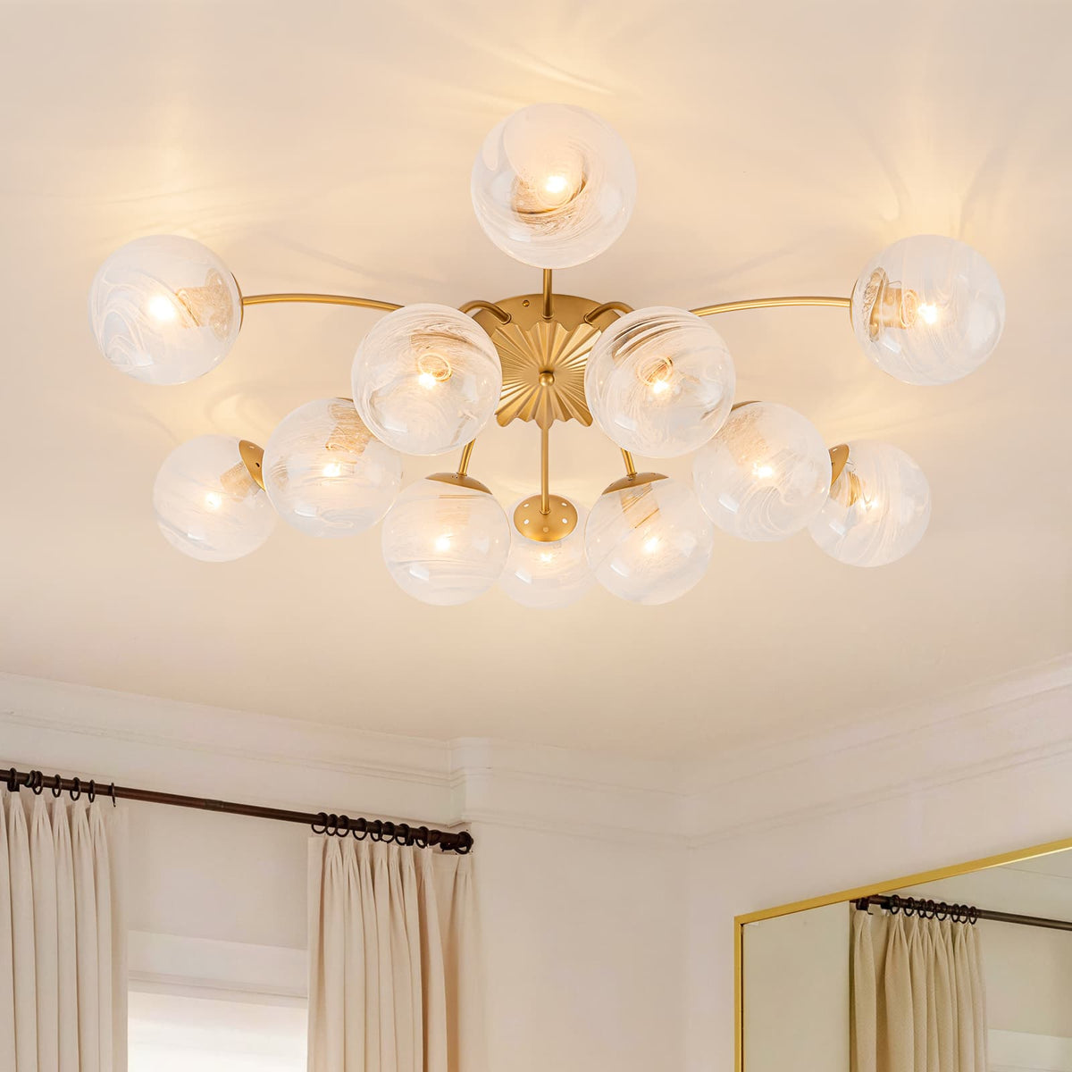 LightfixturesUAE-12-Light Modern Opal Glass Globe Sputnik Semi Flush Mount-Chandeliers-12-Light-Brass Finish