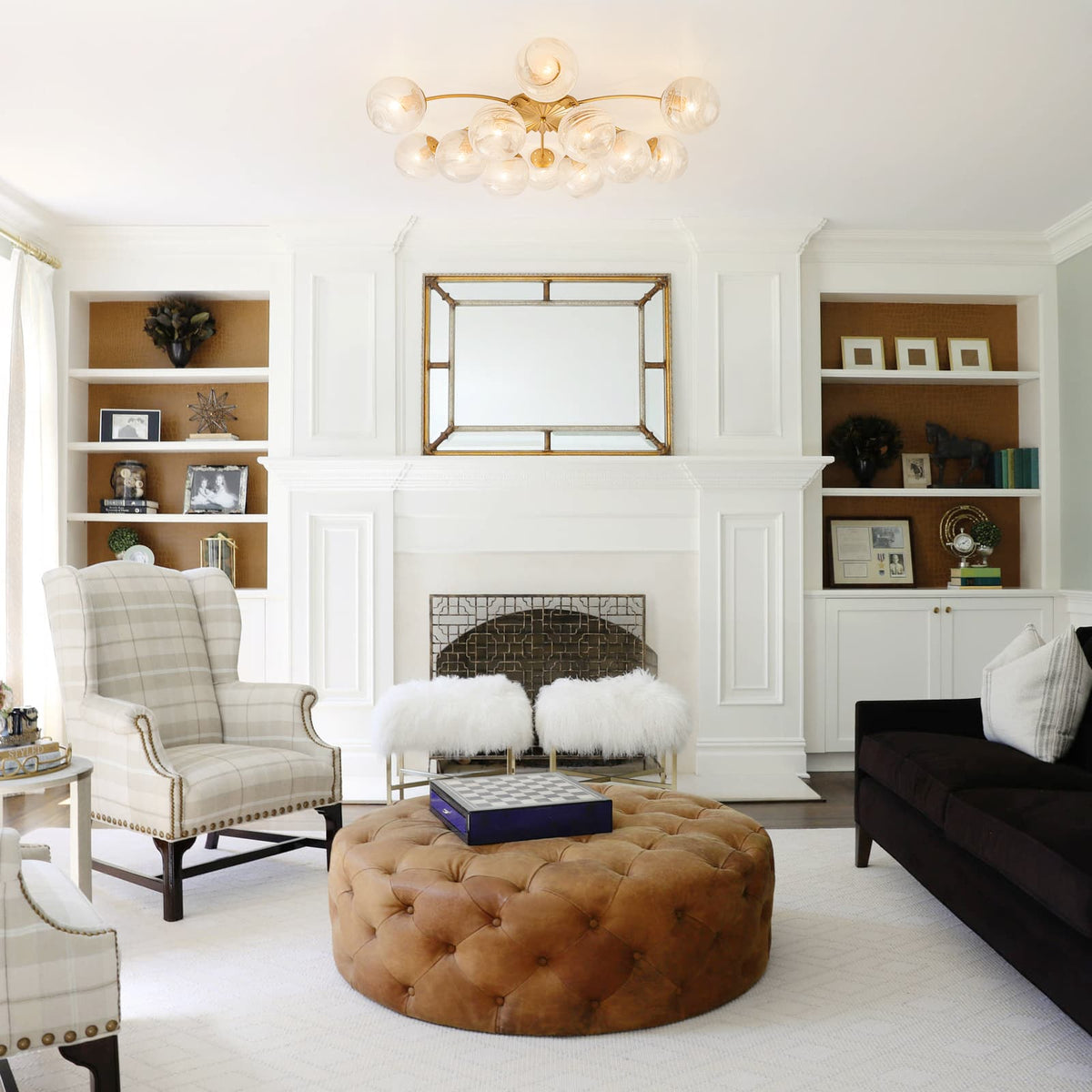 LightfixturesUAE-12-Light Modern Opal Glass Globe Sputnik Semi Flush Mount-Chandeliers-12-Light-Brass Finish