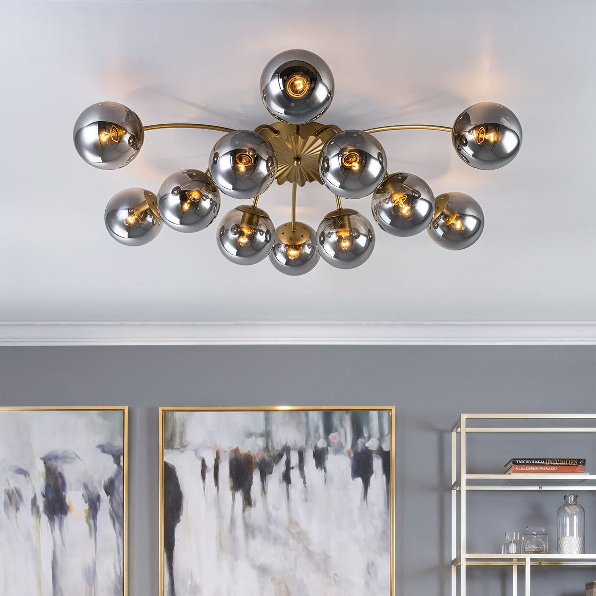 LightfixturesUAE-12-Light Modern Opal Glass Globe Sputnik Semi Flush Mount-Chandeliers-12-Light-Brass Finish