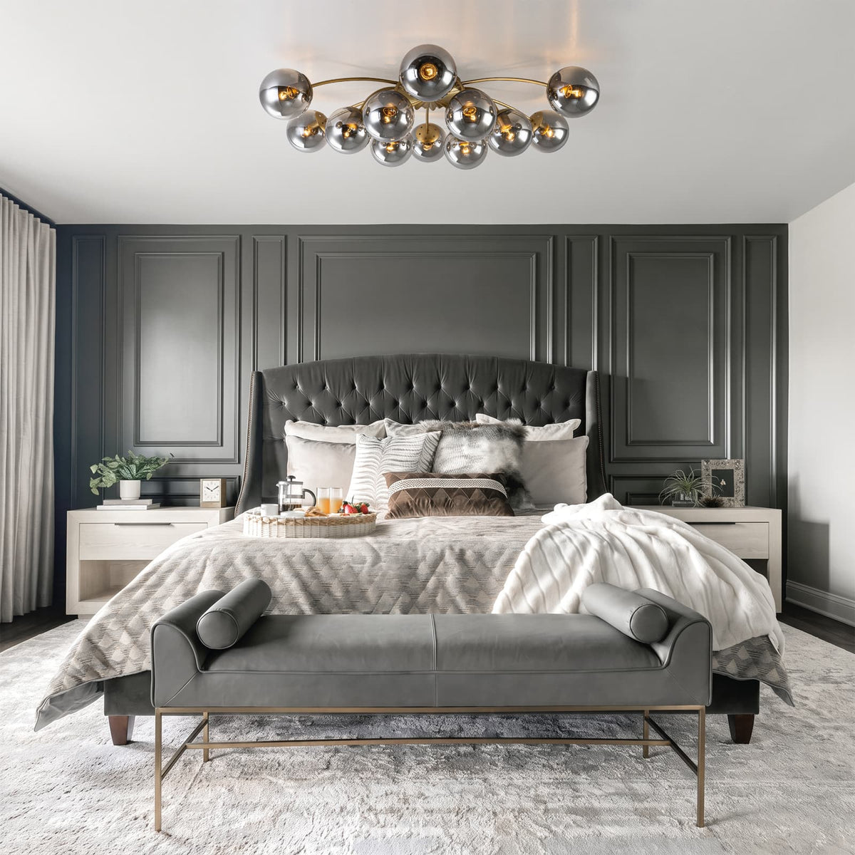 LightfixturesUAE-12-Light Modern Opal Glass Globe Sputnik Semi Flush Mount-Chandeliers-12-Light-Brass Finish