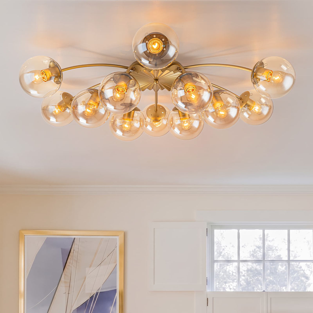 LightfixturesUAE-12-Light Modern Opal Glass Globe Sputnik Semi Flush Mount-Chandeliers-12-Light-Brass Finish