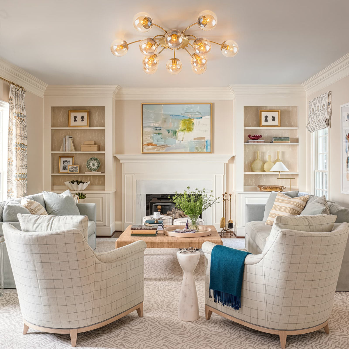 LightfixturesUAE-12-Light Modern Opal Glass Globe Sputnik Semi Flush Mount-Chandeliers-12-Light-Brass Finish