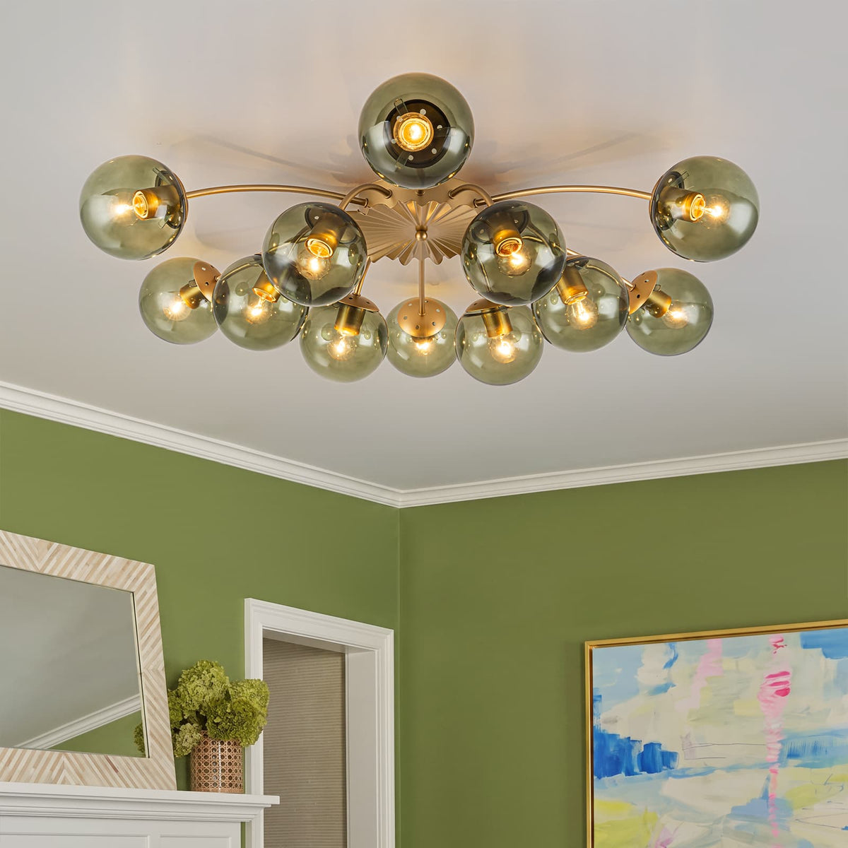 LightfixturesUAE-12-Light Modern Opal Glass Globe Sputnik Semi Flush Mount-Chandeliers-12-Light-Brass Finish