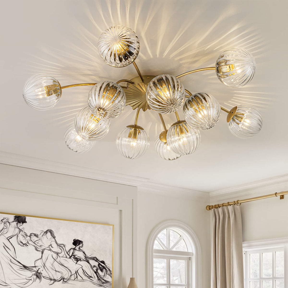 LightfixturesUAE-12-Light Modern Opal Glass Globe Sputnik Semi Flush Mount-Chandeliers-12-Light-Brass Finish