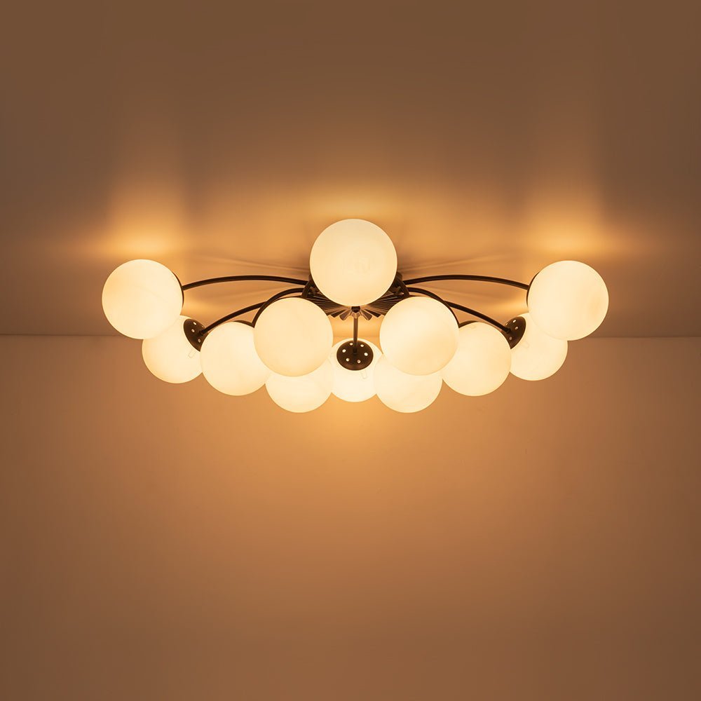 LightfixturesUAE-12-Light Modern Opal Glass Globe Sputnik Semi Flush Mount-Chandeliers-Brass-