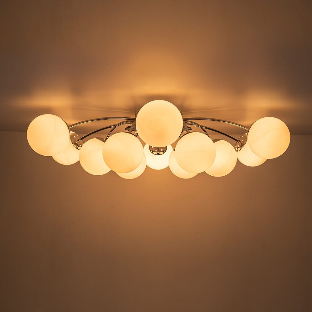 LightfixturesUAE-12-Light Modern Opal Glass Globe Sputnik Semi Flush Mount-Chandeliers-Brass-