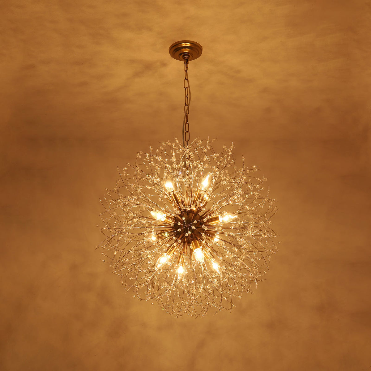 LightfixturesUAE-12-Light Romantic Luxury Dandelion-Shaped Chandelier with Sparkling Crystals-Chandeliers-Brass-