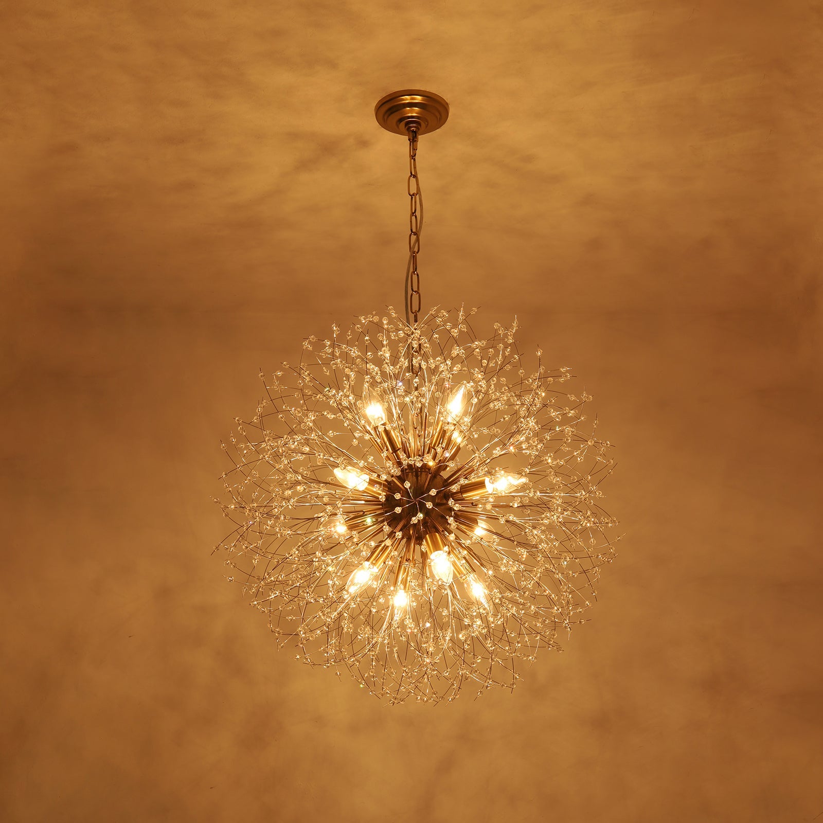 LightfixturesUAE-12-Light Romantic Luxury Dandelion-Shaped Chandelier with Sparkling Crystals-Chandeliers-Brass-