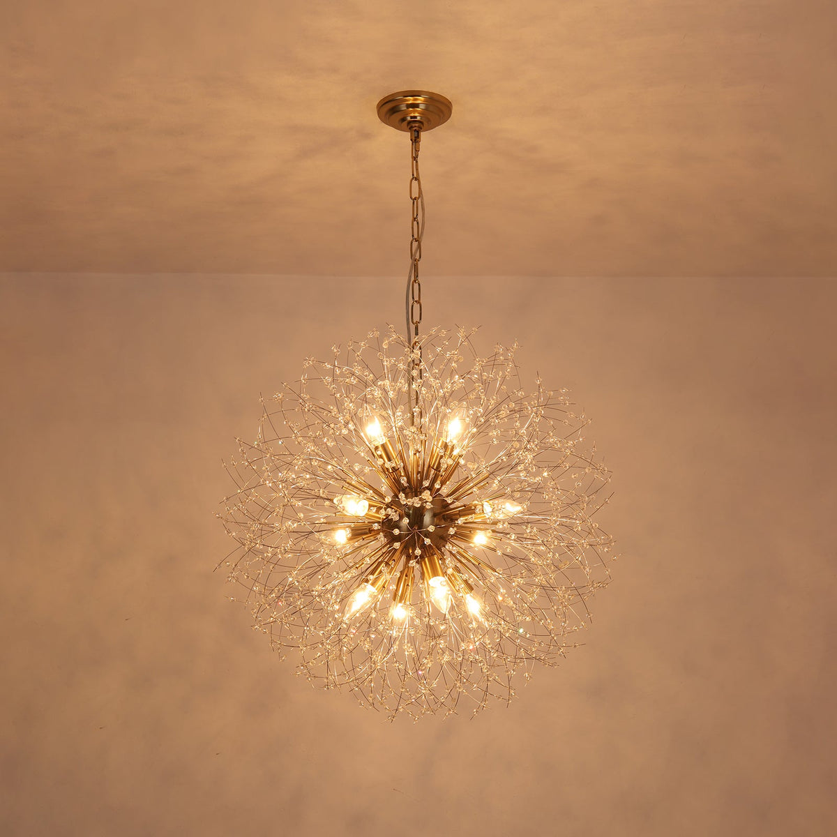 LightfixturesUAE-12-Light Romantic Luxury Dandelion-Shaped Chandelier with Sparkling Crystals-Chandeliers-Brass-