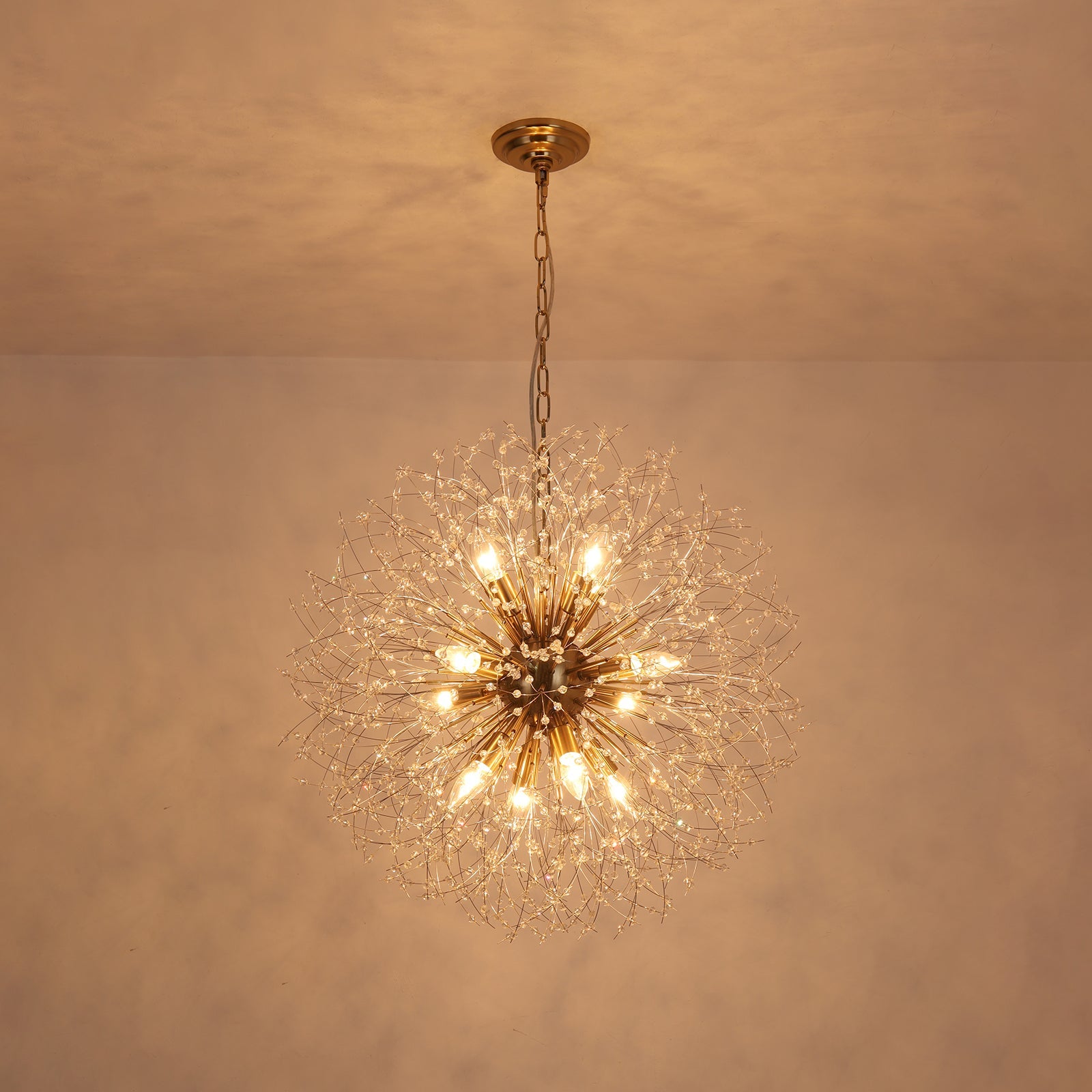 LightfixturesUAE-12-Light Romantic Luxury Dandelion-Shaped Chandelier with Sparkling Crystals-Chandeliers-Brass-
