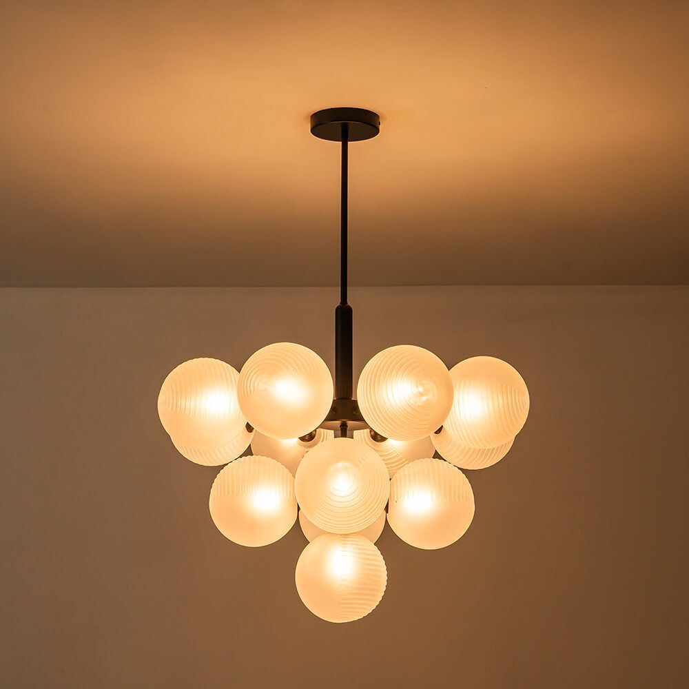 LightfixturesUAE-13-Light Modern Gritty Opal Bubble Striped Glass Cluster Chandelier-Chandeliers-Brass-