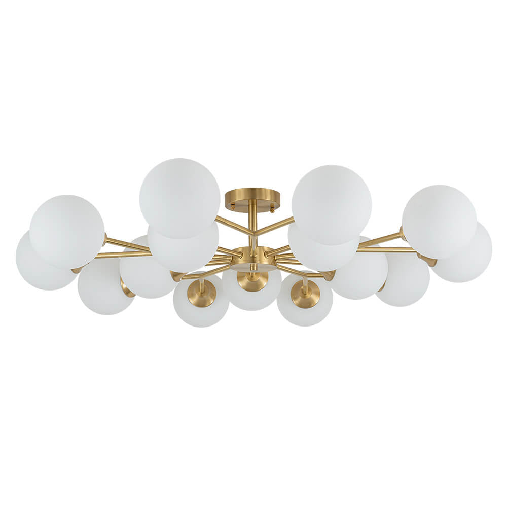 LightfixturesUAE-15-Light Mid-Century Modern Branching Opal Glass Sputnik Semi Flush Mount-Ceiling Lights-Brass-