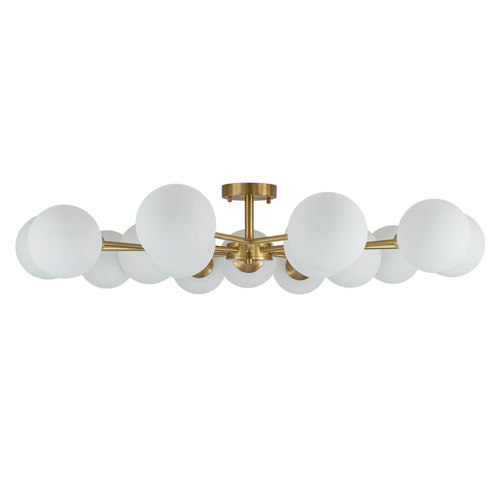 LightfixturesUAE-15-Light Mid-Century Modern Branching Opal Glass Sputnik Semi Flush Mount-Ceiling Lights-Brass-