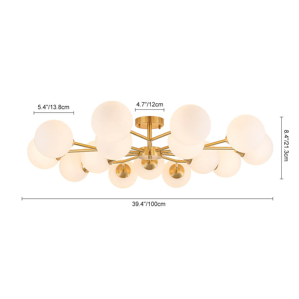 LightfixturesUAE-15-Light Mid-Century Modern Branching Opal Glass Sputnik Semi Flush Mount-Ceiling Lights-Brass-