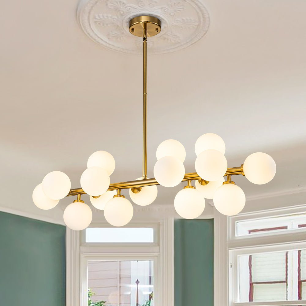 LightfixturesUAE-16-Light Modern Milky Frosted Glass Globe Linear Chandelier-Chandeliers-Brass-