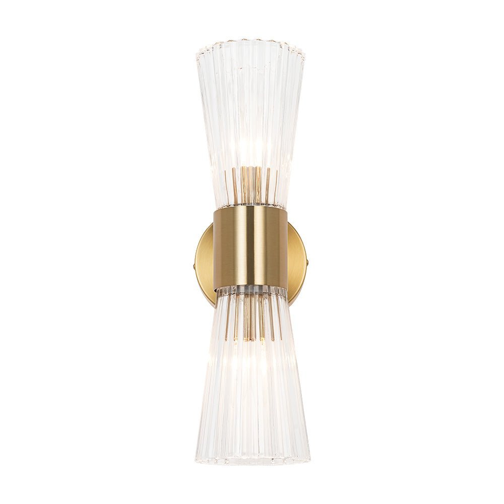 LightfixturesUAE-2-Light Luxury Minimalist Clear Ribbed Glass Double-Conical Wall Sconce-Wall Lights-Brass-
