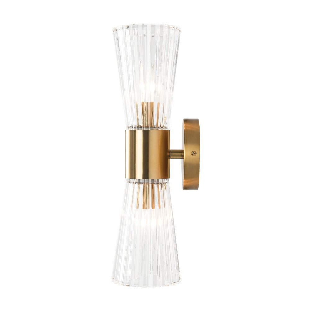 LightfixturesUAE-2-Light Luxury Minimalist Clear Ribbed Glass Double-Conical Wall Sconce-Wall Lights-Brass-