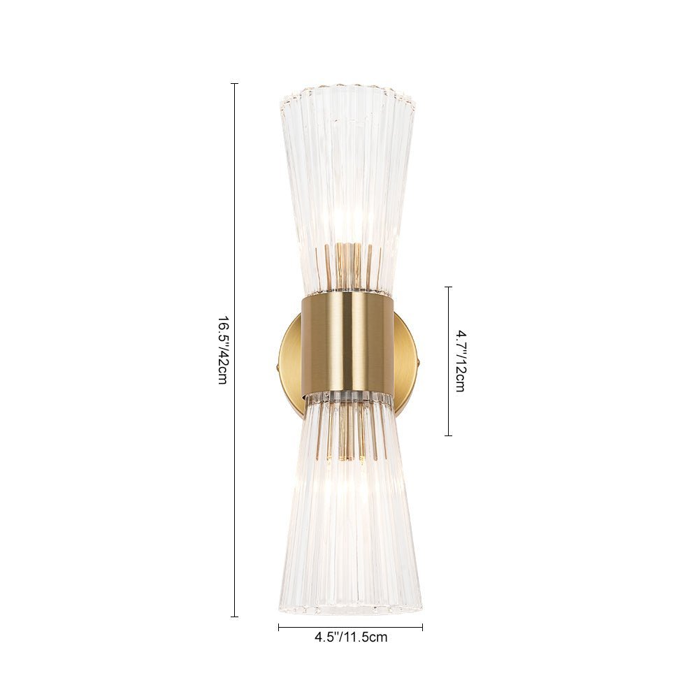 LightfixturesUAE-2-Light Luxury Minimalist Clear Ribbed Glass Double-Conical Wall Sconce-Wall Lights-Brass-