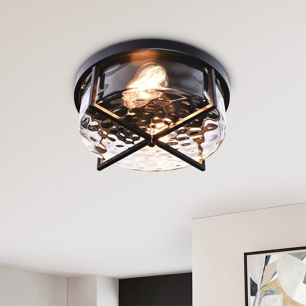 LightfixturesUAE-2-Light Mid-century Water Ripped Glass Drum Flush Mount Ceiling Light-Ceiling Lights - 
