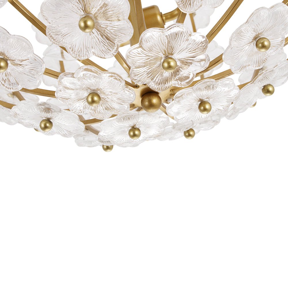 LightfixturesUAE-3-Light French Gold Floral Semi Flush Mount Light with Glass Flowers-Ceiling Lights-Gold-
