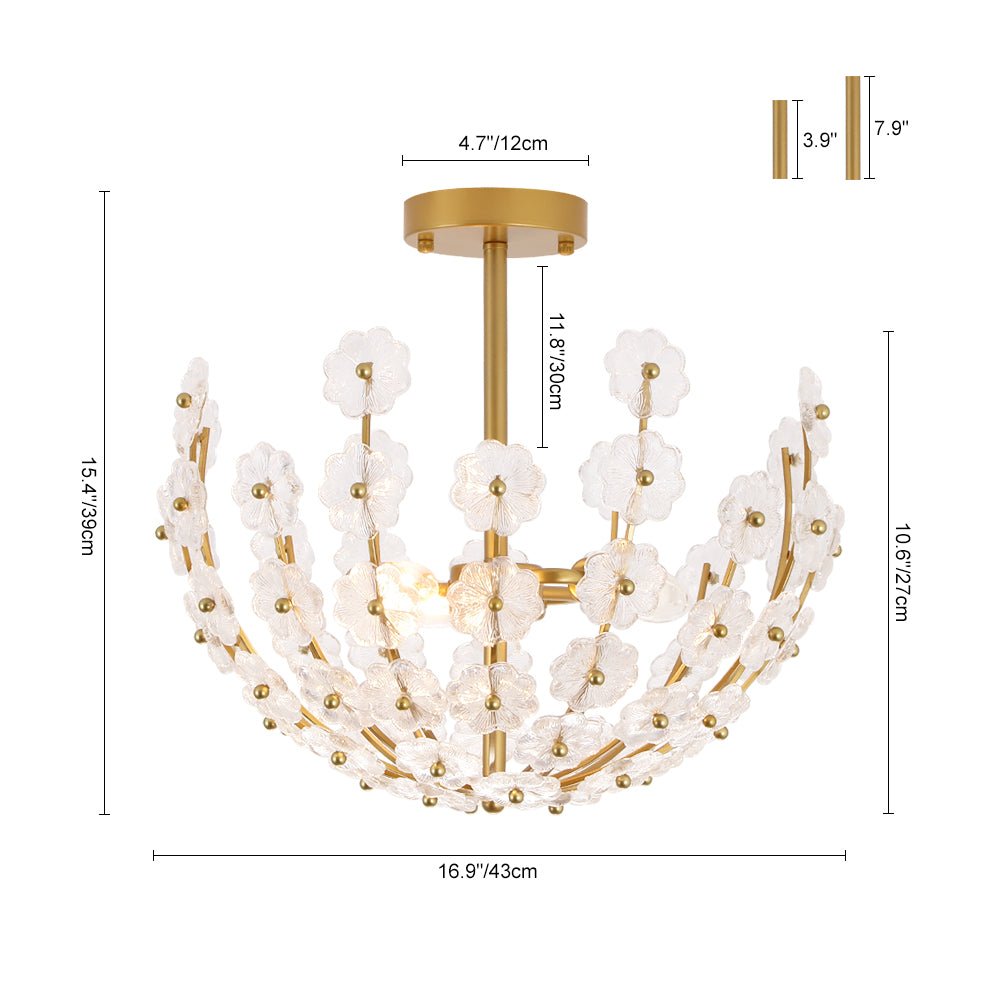 LightfixturesUAE-3-Light French Gold Floral Semi Flush Mount Light with Glass Flowers-Ceiling Lights-Gold-