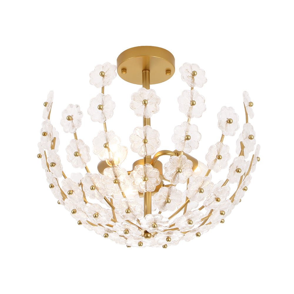 LightfixturesUAE-3-Light French Gold Floral Semi Flush Mount Light with Glass Flowers-Ceiling Lights-Gold-