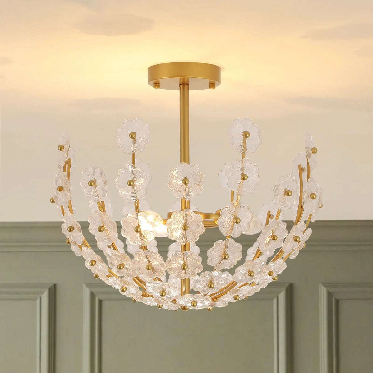 LightfixturesUAE-3-Light French Gold Floral Semi Flush Mount Light with Glass Flowers-Ceiling Lights-Gold-