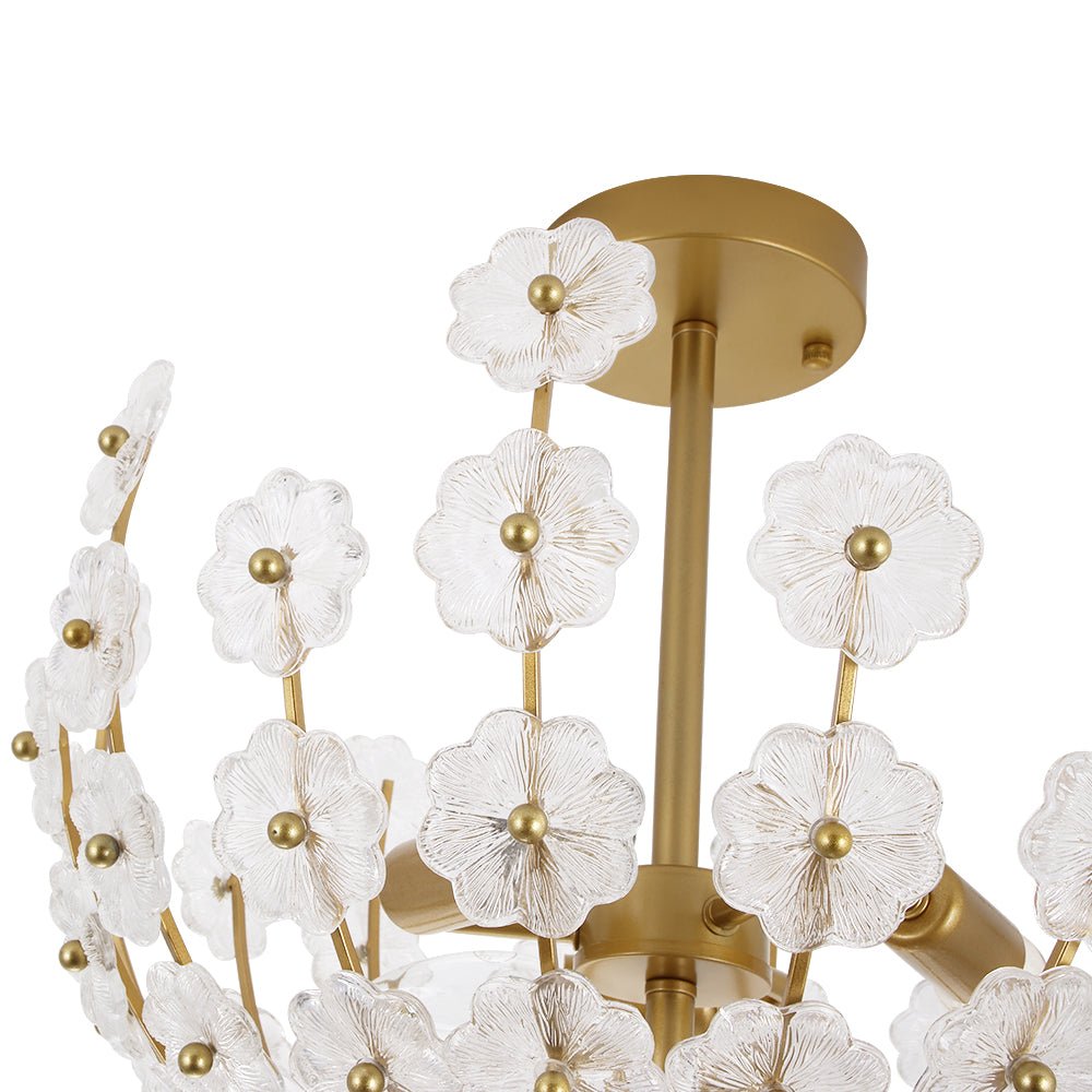 LightfixturesUAE-3-Light French Gold Floral Semi Flush Mount Light with Glass Flowers-Ceiling Lights-Gold-