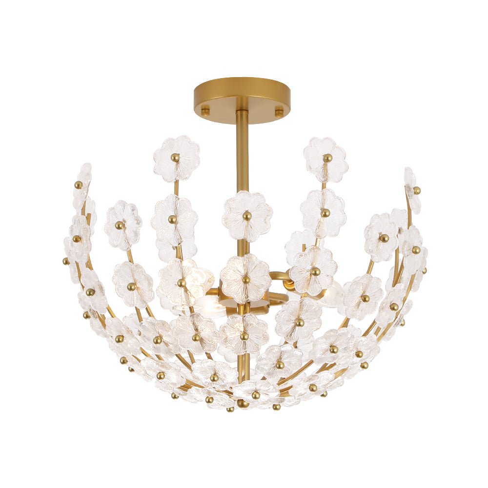 LightfixturesUAE-3-Light French Gold Floral Semi Flush Mount Light with Glass Flowers-Ceiling Lights-Gold-