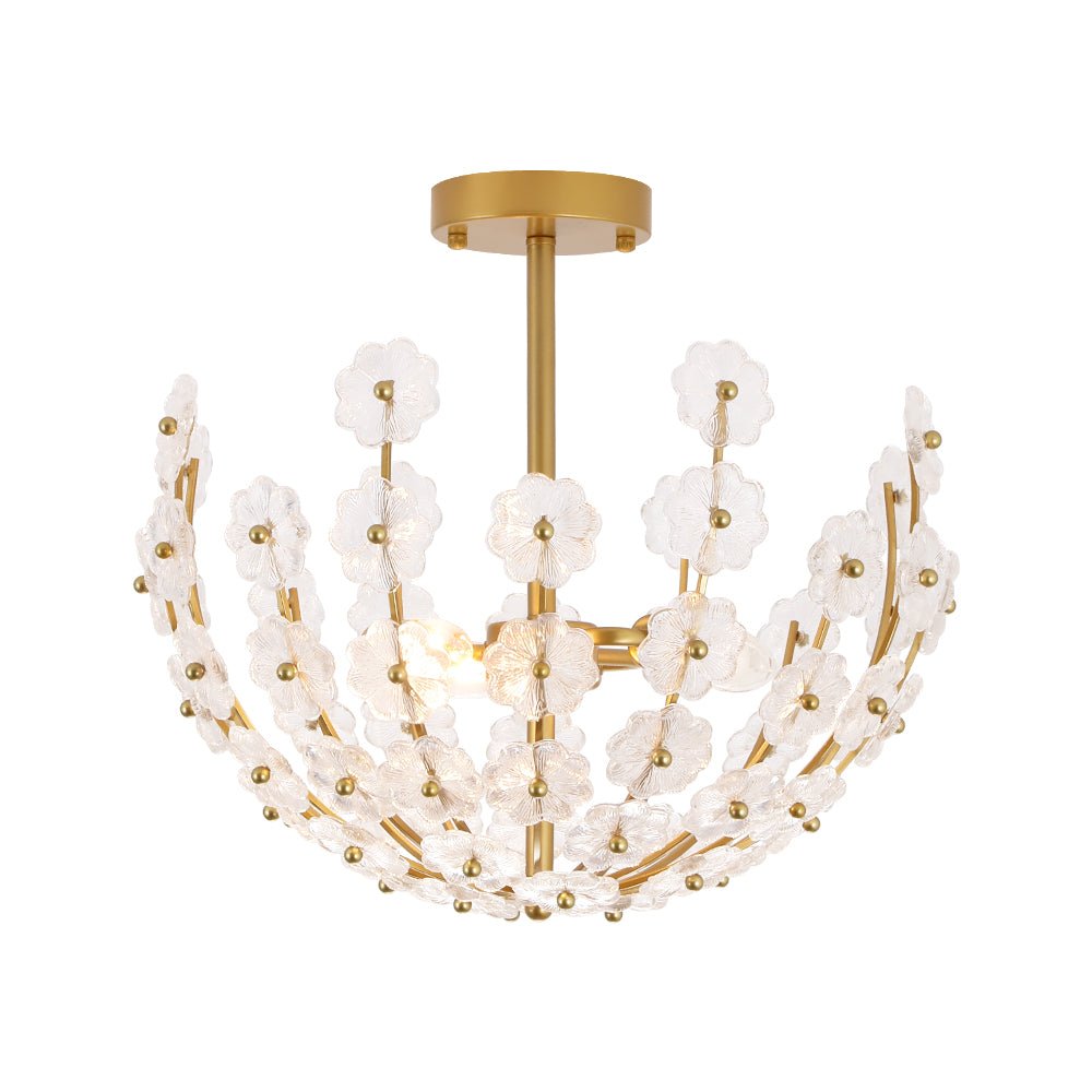 LightfixturesUAE-3-Light French Gold Floral Semi Flush Mount Light with Glass Flowers-Ceiling Lights-Gold-