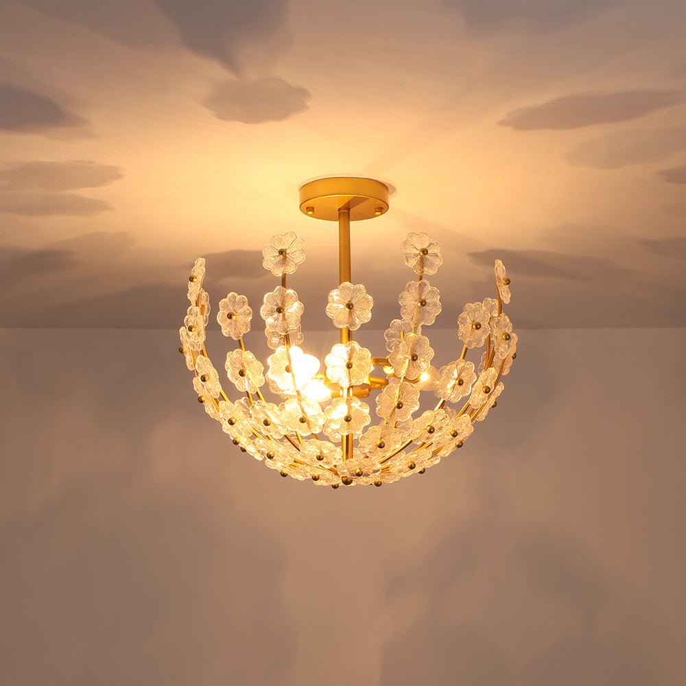 LightfixturesUAE-3-Light French Gold Floral Semi Flush Mount Light with Glass Flowers-Ceiling Lights-Gold-