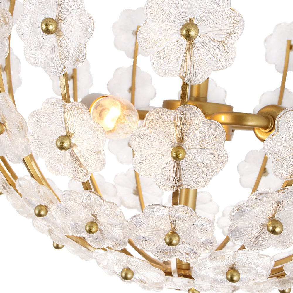 LightfixturesUAE-3-Light French Gold Floral Semi Flush Mount Light with Glass Flowers-Ceiling Lights-Gold-