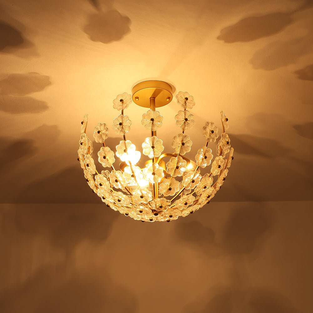 LightfixturesUAE-3-Light French Gold Floral Semi Flush Mount Light with Glass Flowers-Ceiling Lights-Gold-