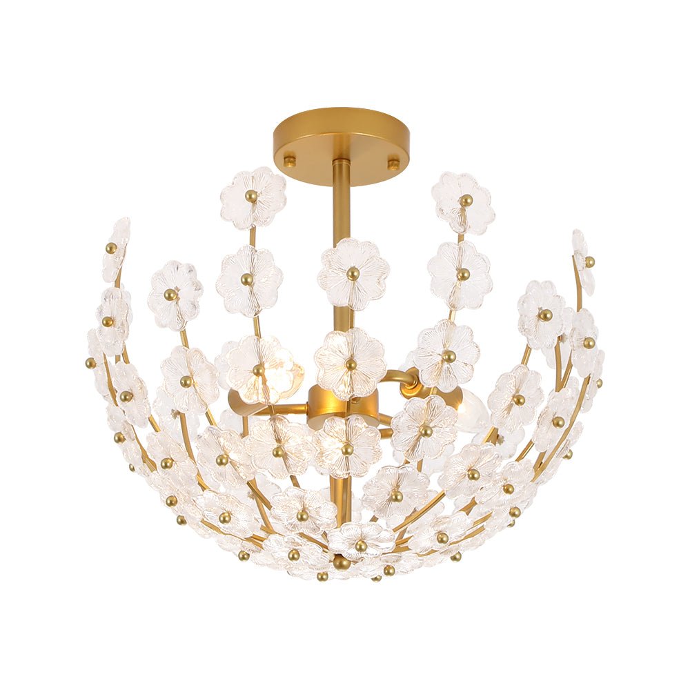 LightfixturesUAE-3-Light French Gold Floral Semi Flush Mount Light with Glass Flowers-Ceiling Lights-Gold-
